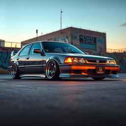 A lowered Honda car inspired by 1980s design, showcasing a striking retro aesthetic with classic 1980s alloy wheels