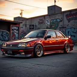 A lowered Honda car inspired by 1980s design, showcasing a striking retro aesthetic with classic 1980s alloy wheels