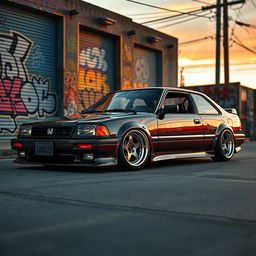 A lowered Honda car inspired by 1980s design, showcasing a striking retro aesthetic with classic 1980s alloy wheels