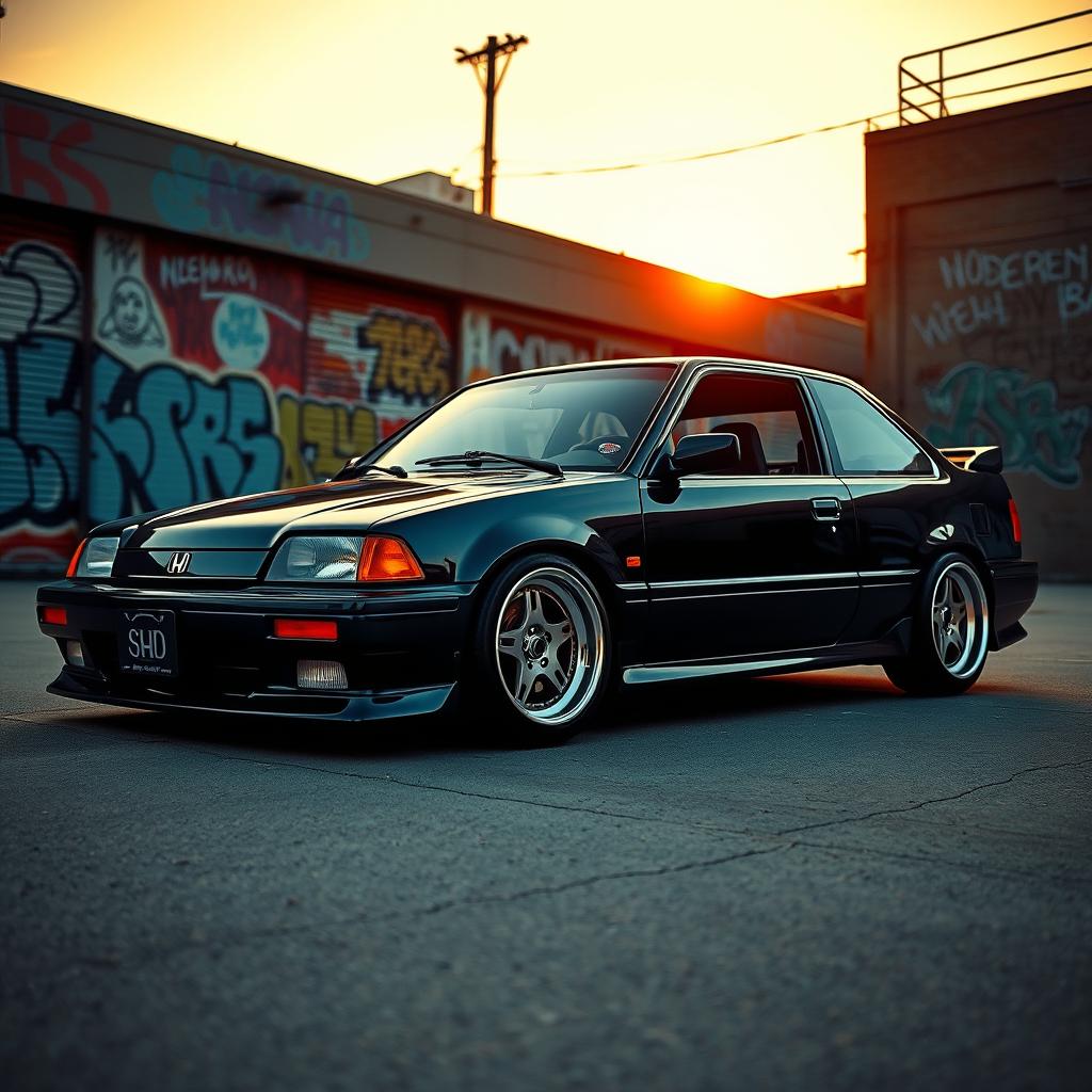 A lowered Honda car inspired by 1980s design, showcasing a striking retro aesthetic with classic 1980s alloy wheels