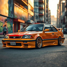 A lowered Honda car inspired by 1980s styling, showcasing a vibrant retro color scheme and distinctive 1980s alloy wheels
