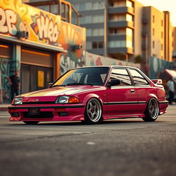 A lowered Honda car inspired by 1980s styling, showcasing a vibrant retro color scheme and distinctive 1980s alloy wheels