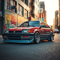 A lowered Honda car inspired by 1980s styling, showcasing a vibrant retro color scheme and distinctive 1980s alloy wheels