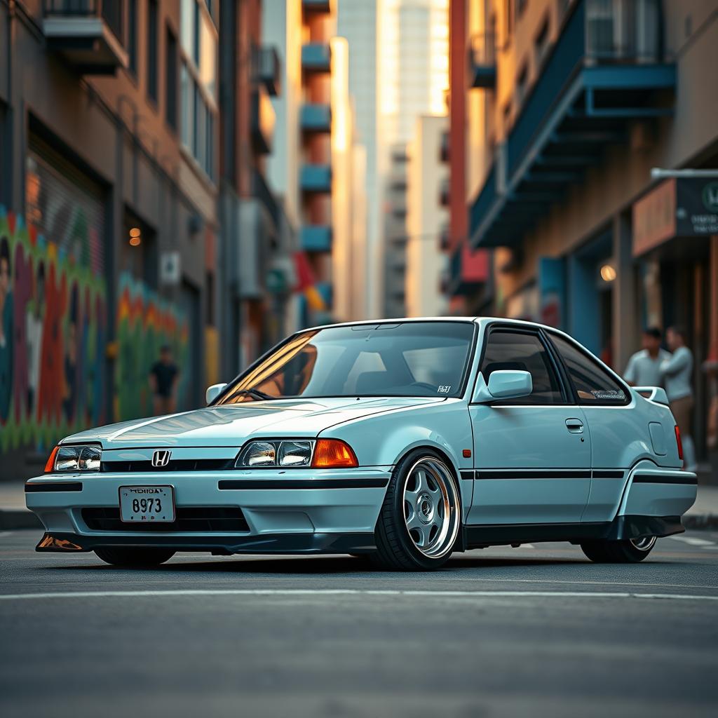 A lowered Honda car inspired by 1980s styling, showcasing a vibrant retro color scheme and distinctive 1980s alloy wheels