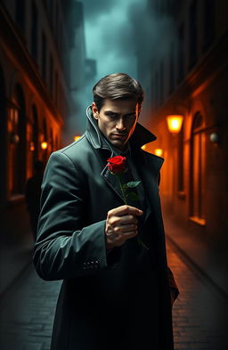 A handsome detective standing in a dimly lit city alley, holding a red rose in his hand