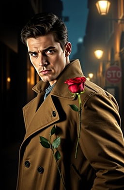 A handsome detective standing in a dimly lit city alley, holding a red rose in his hand