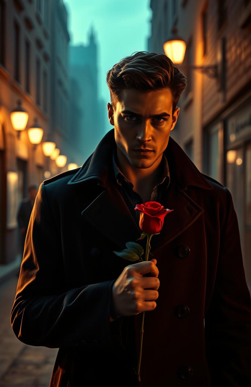 A handsome detective standing in a dimly lit city alley, holding a red rose in his hand