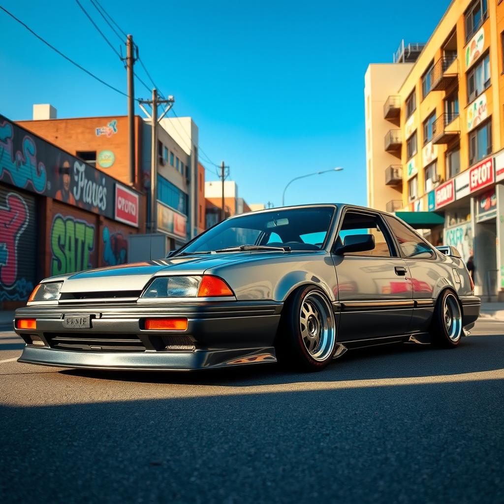 A lowered Honda car from the 1980s, exhibiting a retro style with distinctive 1980s alloy wheels