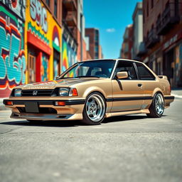 A lowered Honda car from the 1980s, exhibiting a retro style with distinctive 1980s alloy wheels