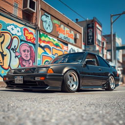 A lowered Honda car from the 1980s, exhibiting a retro style with distinctive 1980s alloy wheels