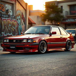 A lowered Honda car featuring iconic 1980s design elements, with distinctive retro-style alloy wheels from that era