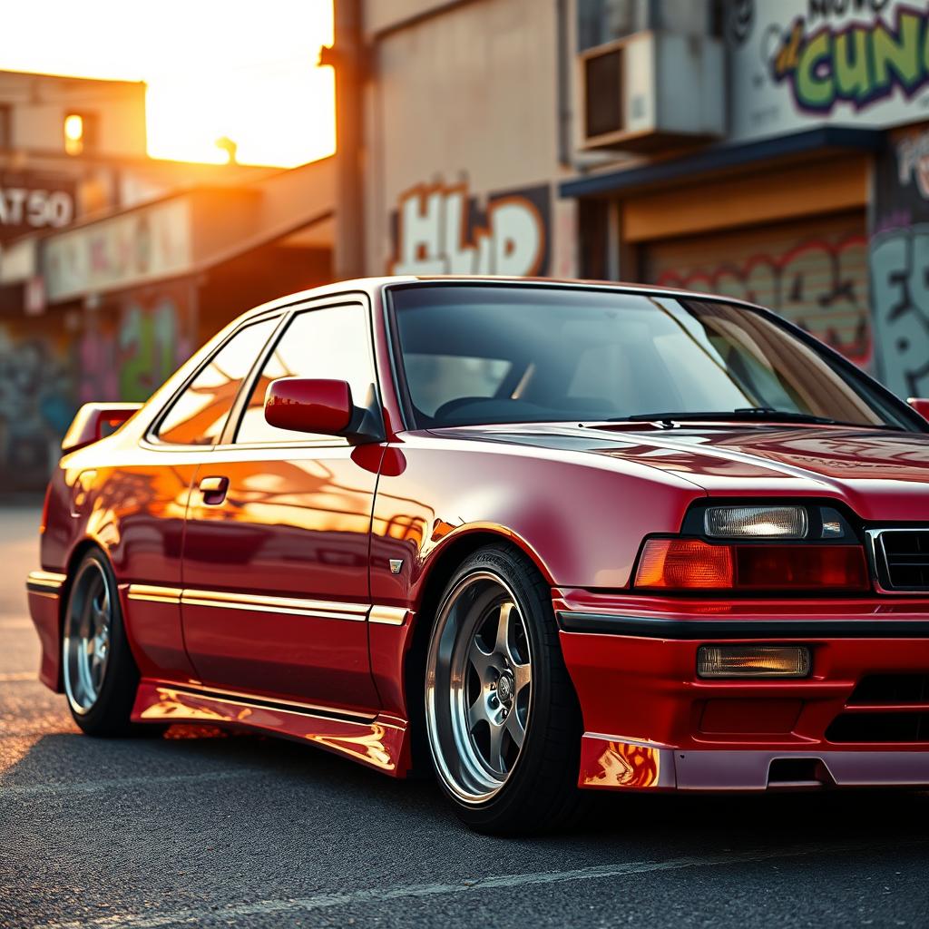 A lowered Honda car featuring iconic 1980s design elements, with distinctive retro-style alloy wheels from that era