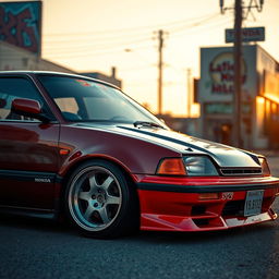 A lowered Honda car featuring iconic 1980s design elements, with distinctive retro-style alloy wheels from that era