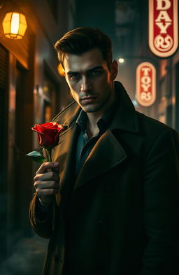 A handsome detective standing in a moody, dimly lit urban alley, holding a striking red rose