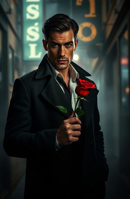 A handsome detective standing in a moody, dimly lit urban alley, holding a striking red rose