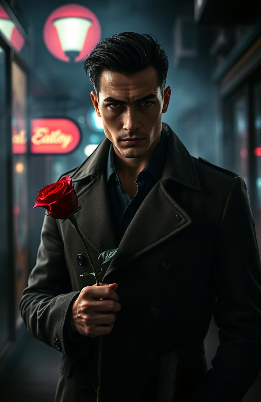 A handsome detective standing in a moody, dimly lit urban alley, holding a striking red rose