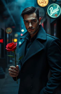 A handsome detective standing in a moody, dimly lit urban alley, holding a striking red rose