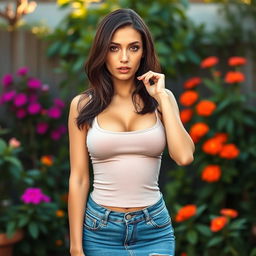 A captivating portrait of a stunning busty brunette woman, standing in a lush backyard setting