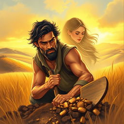 A book cover illustration featuring a farmer, depicted as a rugged man with sun-kissed skin, digging for gold in a field