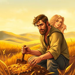 A book cover illustration featuring a farmer, depicted as a rugged man with sun-kissed skin, digging for gold in a field