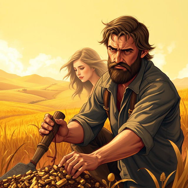 A book cover illustration featuring a farmer, depicted as a rugged man with sun-kissed skin, digging for gold in a field
