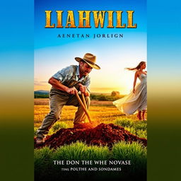 A captivating book cover featuring a rugged farmer, dressed in worn-out overalls and a straw hat, passionately digging into the ground with a golden glimmer emanating from his shovel