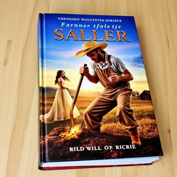 A captivating book cover featuring a rugged farmer, dressed in worn-out overalls and a straw hat, passionately digging into the ground with a golden glimmer emanating from his shovel