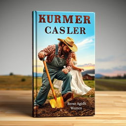A captivating book cover featuring a rugged farmer, dressed in worn-out overalls and a straw hat, passionately digging into the ground with a golden glimmer emanating from his shovel