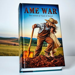 A captivating book cover featuring a rugged farmer, dressed in worn-out overalls and a straw hat, passionately digging into the ground with a golden glimmer emanating from his shovel