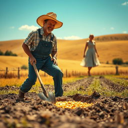 A whimsical and surreal scene of a farmer in overalls and a straw hat, energetically digging in the soil with a spade, uncovering a glimmering patch of gold