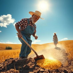 A whimsical and surreal scene of a farmer in overalls and a straw hat, energetically digging in the soil with a spade, uncovering a glimmering patch of gold