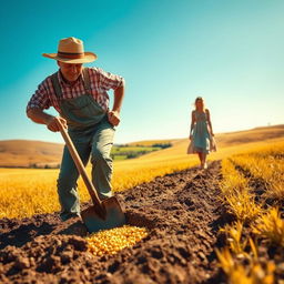 A whimsical and surreal scene of a farmer in overalls and a straw hat, energetically digging in the soil with a spade, uncovering a glimmering patch of gold
