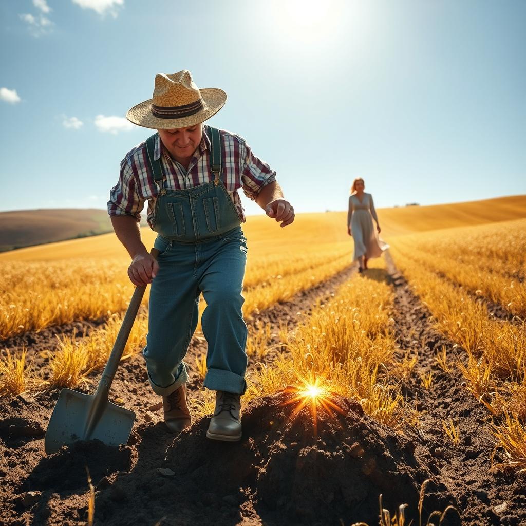 A whimsical and surreal scene of a farmer in overalls and a straw hat, energetically digging in the soil with a spade, uncovering a glimmering patch of gold