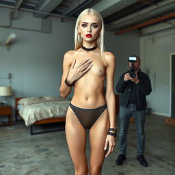 A 21-year-old woman with bleach blonde long hair and a very skinny build, measuring 5’9” tall and weighing 90 pounds