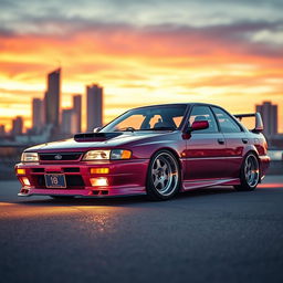 A stunning 1995 Subaru, modified with a cool lowered suspension and stylish wide wheels