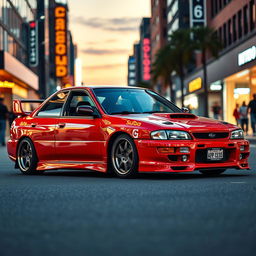 A striking 1998 Subaru, expertly lowered for a dynamic and aggressive look, equipped with wide, stylish aftermarket wheels