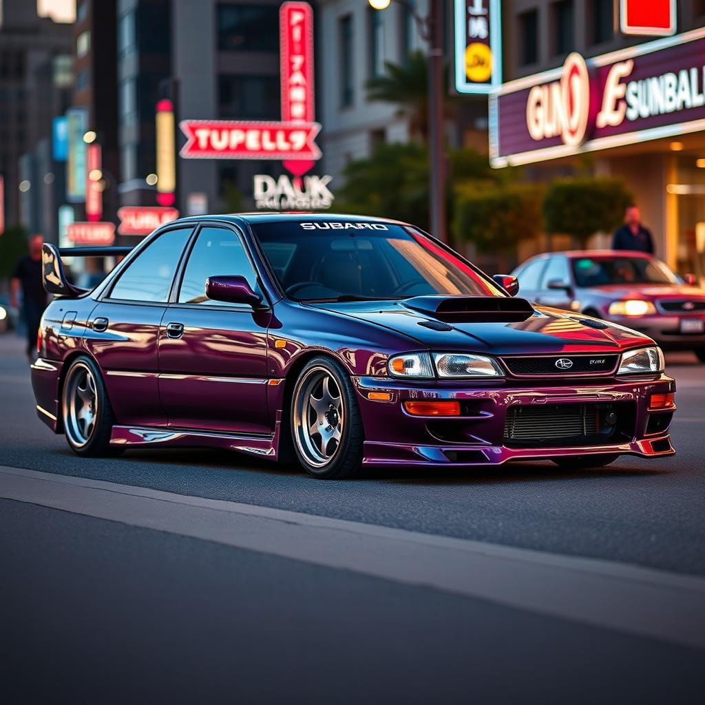 A striking 1998 Subaru, expertly lowered for a dynamic and aggressive look, equipped with wide, stylish aftermarket wheels