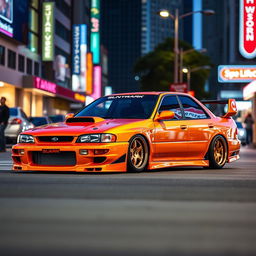 A striking 1998 Subaru, expertly lowered for a dynamic and aggressive look, equipped with wide, stylish aftermarket wheels