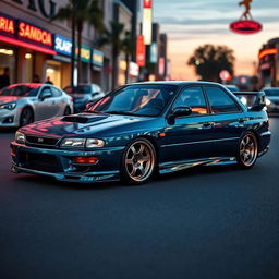 A striking 1998 Subaru, expertly lowered for a dynamic and aggressive look, equipped with wide, stylish aftermarket wheels