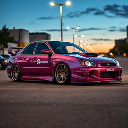 An impressive 2002 Subaru, expertly modified with a lowered stance and eye-catching wide wheels that enhance its sporty appearance