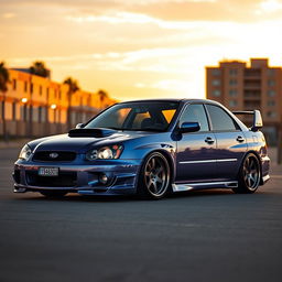 An eye-catching 2005 Subaru, majestically lowered for a sporty and aggressive stance, equipped with eye-popping wide aftermarket wheels