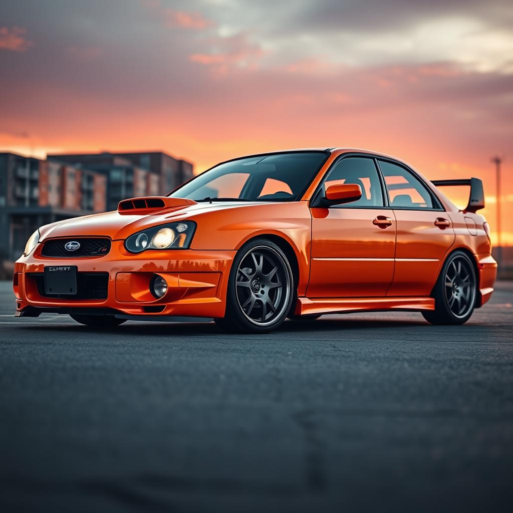 An eye-catching 2005 Subaru, majestically lowered for a sporty and aggressive stance, equipped with eye-popping wide aftermarket wheels