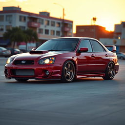 An eye-catching 2005 Subaru, majestically lowered for a sporty and aggressive stance, equipped with eye-popping wide aftermarket wheels