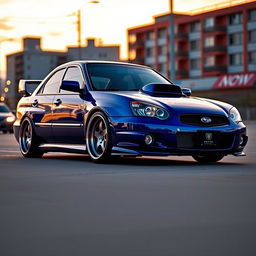 An eye-catching 2005 Subaru, majestically lowered for a sporty and aggressive stance, equipped with eye-popping wide aftermarket wheels