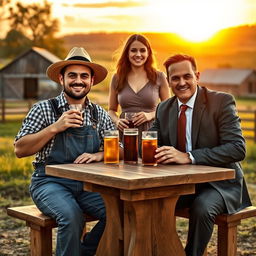 A serene rural scene depicting two men at a rustic wooden table, one dressed as a traditional farmer in denim overalls and a straw hat, the other in formal attire with a suit and tie