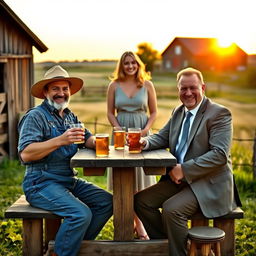 A serene rural scene depicting two men at a rustic wooden table, one dressed as a traditional farmer in denim overalls and a straw hat, the other in formal attire with a suit and tie