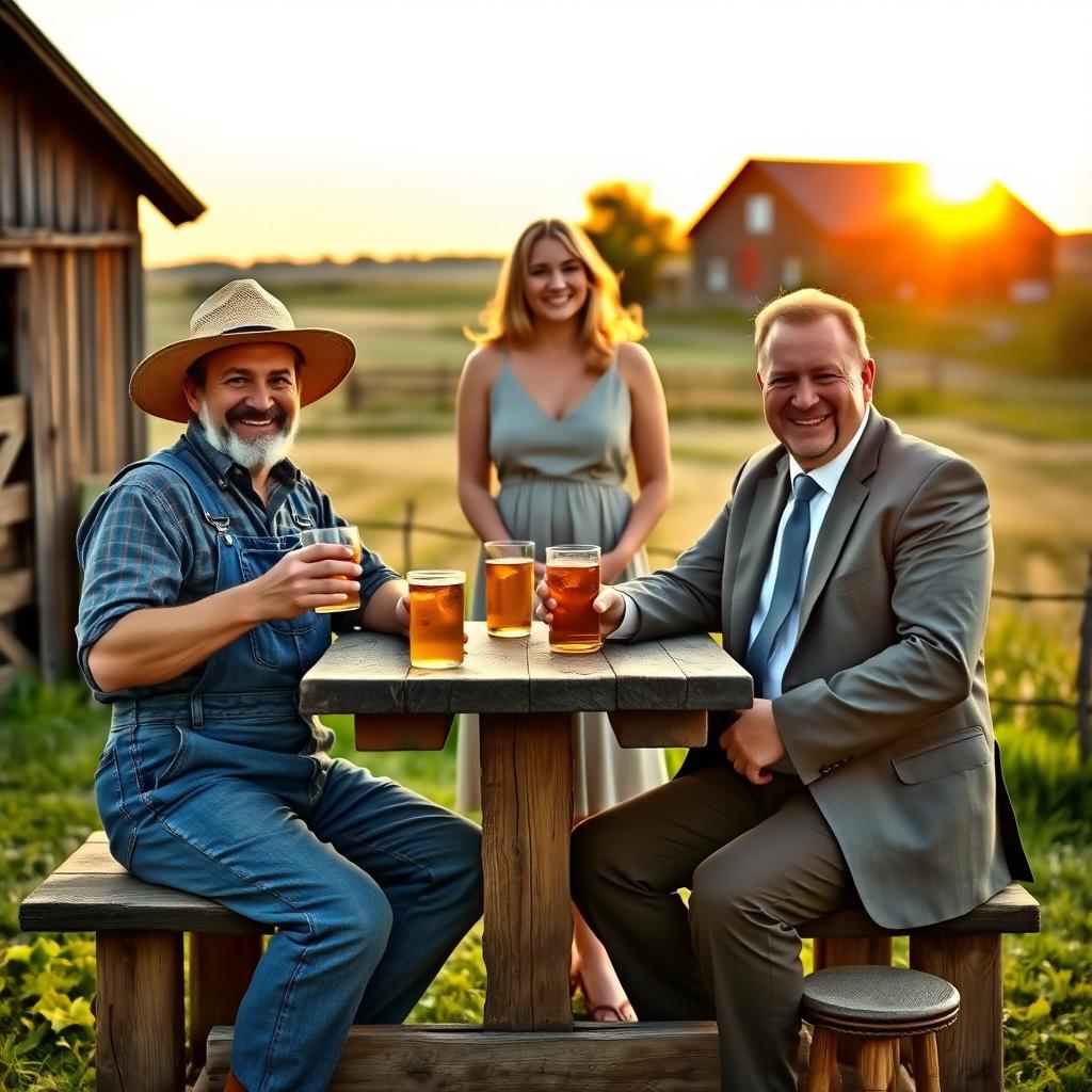 A serene rural scene depicting two men at a rustic wooden table, one dressed as a traditional farmer in denim overalls and a straw hat, the other in formal attire with a suit and tie