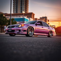 A stunning 2005 Subaru, expertly lowered to achieve a sleek and aggressive stance, featuring wide and striking aftermarket wheels that enhance its sporty appeal