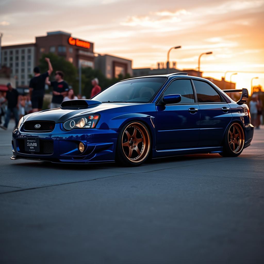 A stunning 2005 Subaru, expertly lowered to achieve a sleek and aggressive stance, featuring wide and striking aftermarket wheels that enhance its sporty appeal