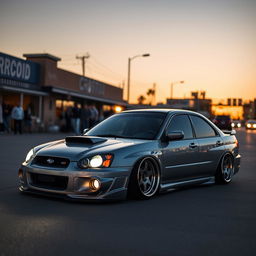A stunning 2005 Subaru, expertly lowered to achieve a sleek and aggressive stance, featuring wide and striking aftermarket wheels that enhance its sporty appeal